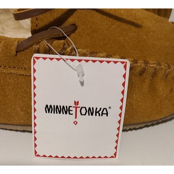 WOMEN'S MINNETONKA LEATHER SUEDE SLIPPERS MOCS FAUX SHEARLING LINING 11M NEW - Picture 7 of 10